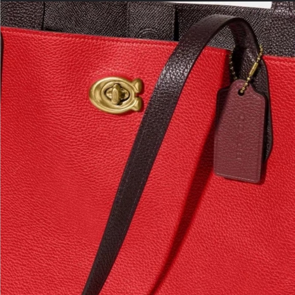 Coach Willow Pebble Leather Tote In Colorblock Brick Red Shoulder Bag